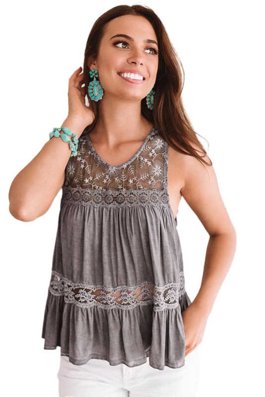 Gray Lace Embroidery Ruffled Sleeveless Top LC2565016-11