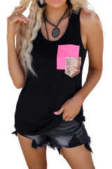 Black Sequin Chest Pocket Leopard Back Tank Top LC2567771-2