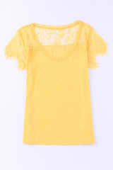 Yellow Lace Crochet Short Sleeve U Neck T Shirt LC25118561-7