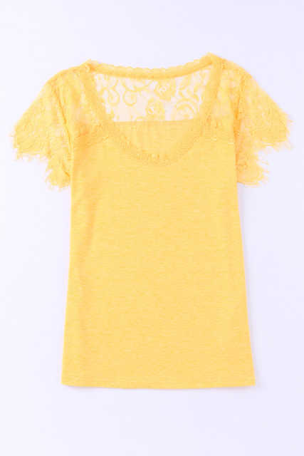 Yellow Lace Crochet Short Sleeve U Neck T Shirt LC25118561-7