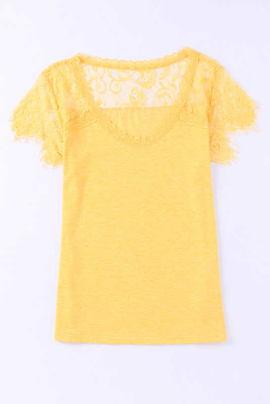 Yellow Lace Crochet Short Sleeve U Neck T Shirt LC25118561-7