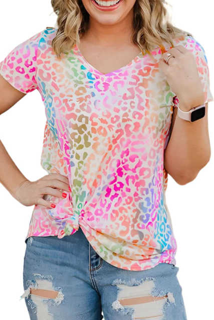Colorful Leopard V Neck Short Sleeve Top LC25115040-20