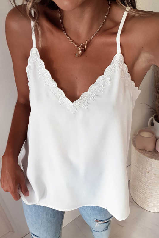 White Scalloped V Neck Embroidered Camisole Top LC2567889-1