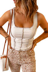 White Patchwork Ribbed Knit Square Neck Sleeveless Top LC2565414-1