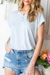 Gray V Neckline Buttoned Detail T-shirt LC25219156-11