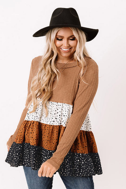 Brown Ribbed Long Sleeve Dotted Tiered Ruffled Flowy Top LC25122434-17