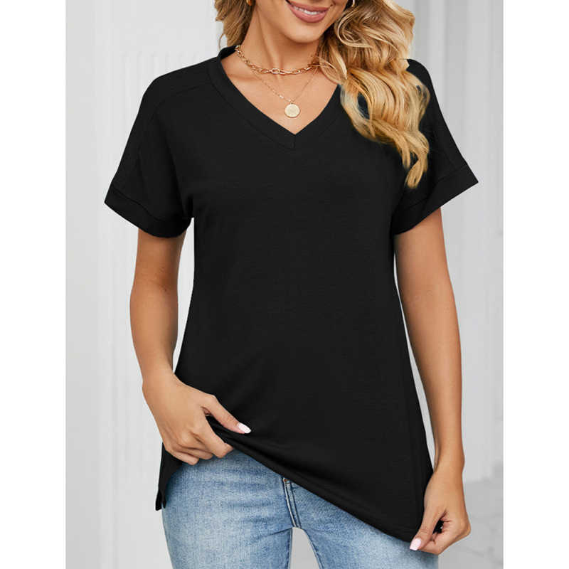 Black Raglan Sleeve V Neck T-shirt with Slit TQX210217-2