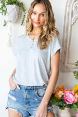 Gray V Neckline Buttoned Detail T-shirt LC25219156-11