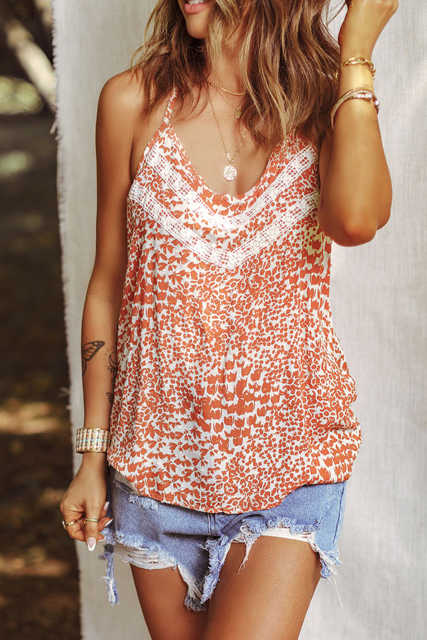 Orange Lace Detail Floral Halter Vest LC2567827-14