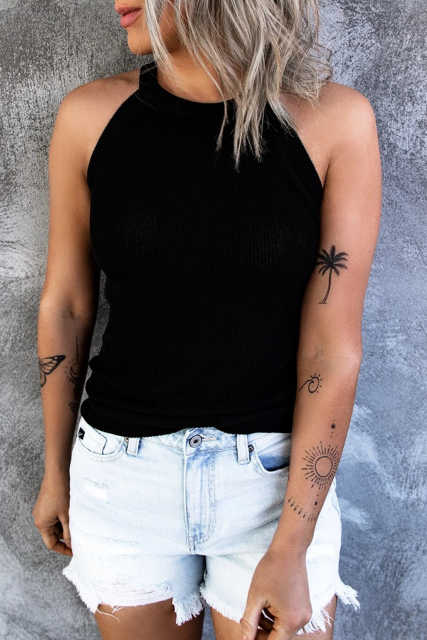 Black Solid Color Crew Neck Tank Top LC2564998-2