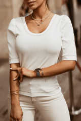 White Round Neck Half Sleeve Ribbed Knit Top LC25119692-1