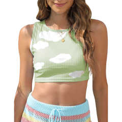 Grass Green Rib Clouds Print Sleeveless Tank TQX250030-61