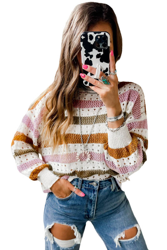 Multicolor Striped Hollowed Knitted Loose Sweater LC2723293-22