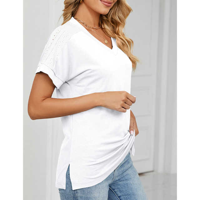 White Raglan Sleeve V Neck T-shirt with Slit TQX210217-1