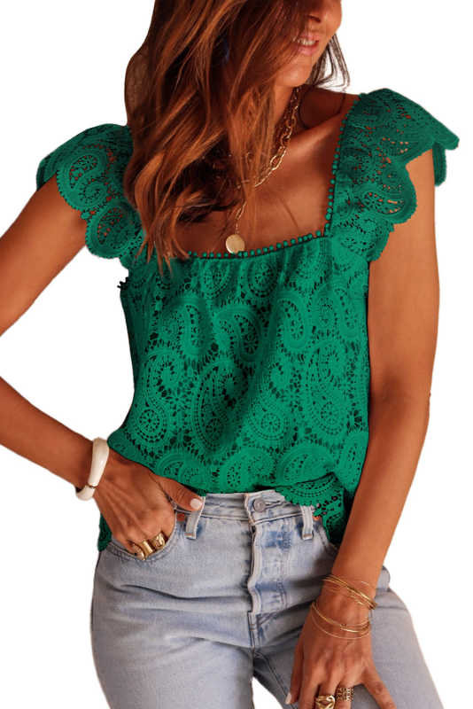 Green Lace Crochet Ruffled Square Neck Tank Top LC2568360-9