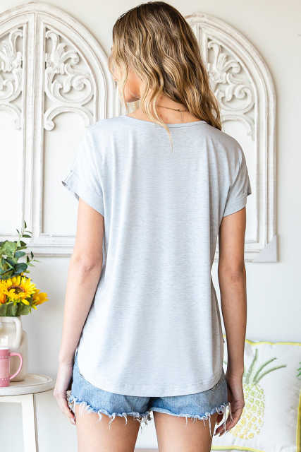 Gray V Neckline Buttoned Detail T-shirt LC25219156-11