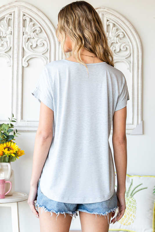 Gray V Neckline Buttoned Detail T-shirt LC25219156-11