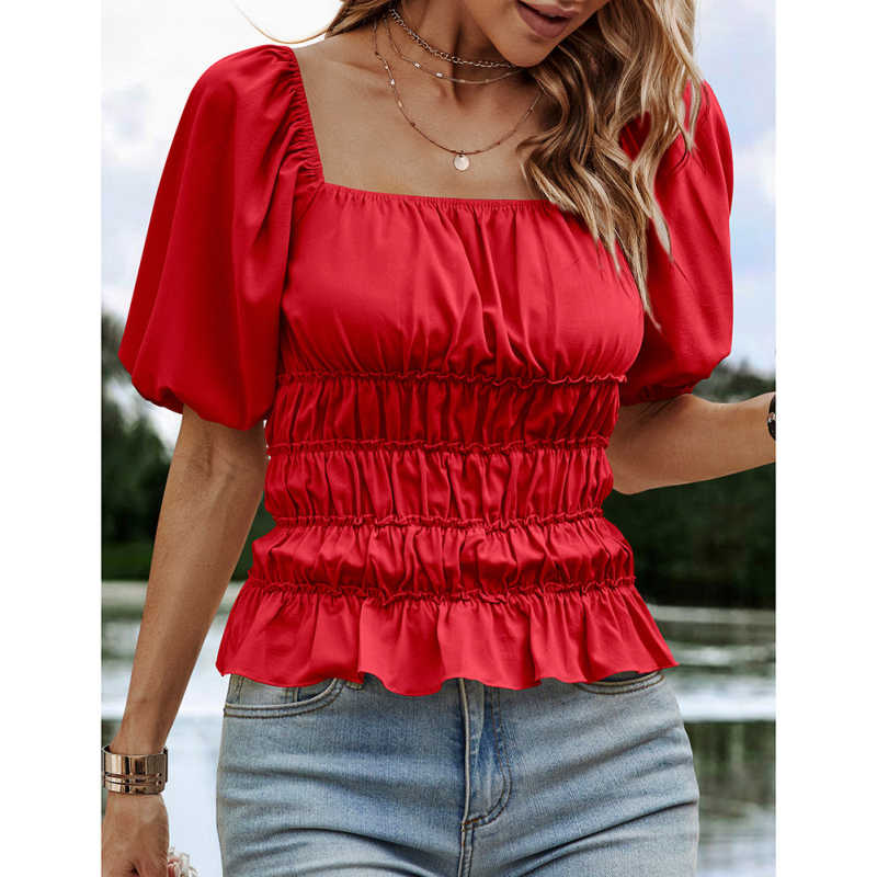 Red Square Neck Puff Sleeve Pleated Tops TQX210210-3