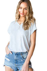 Gray V Neckline Buttoned Detail T-shirt LC25219156-11