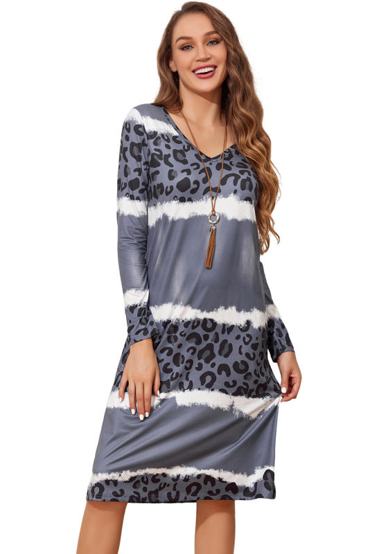 Gray Leopard Tie Dye Long Sleeve Shift Dress LC6117413-11