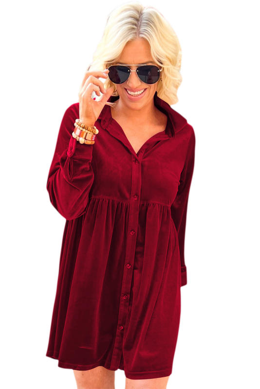 Red Long Sleeve Ruffle Velvet Button Up Dress LC6117352-P3