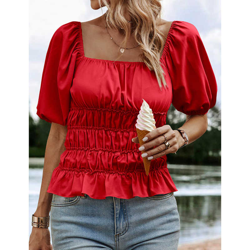 Red Square Neck Puff Sleeve Pleated Tops TQX210210-3