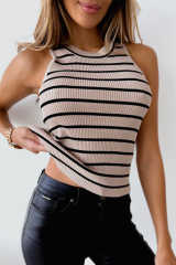 Apricot Striped Print Ribbed O-neck Sleeveless Top LC2567757-18