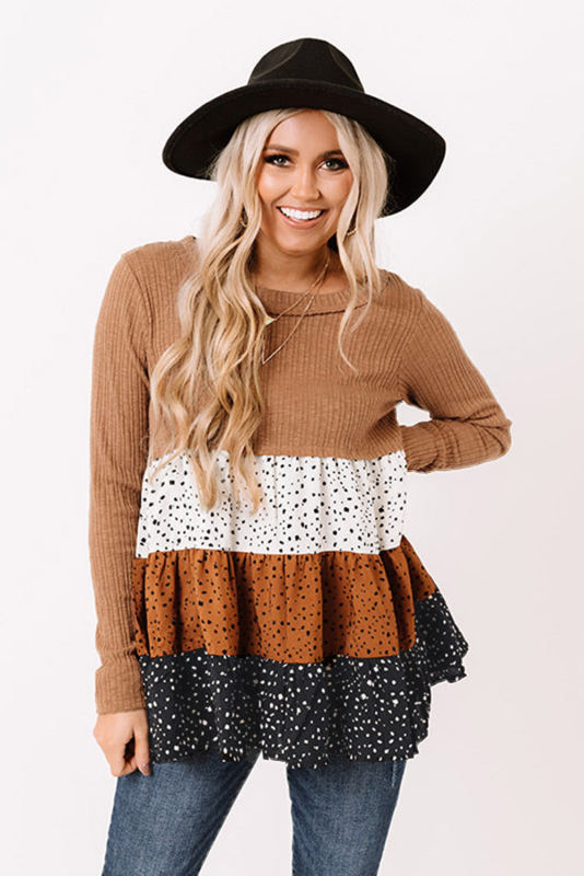 Brown Ribbed Long Sleeve Dotted Tiered Ruffled Flowy Top LC25122434-17