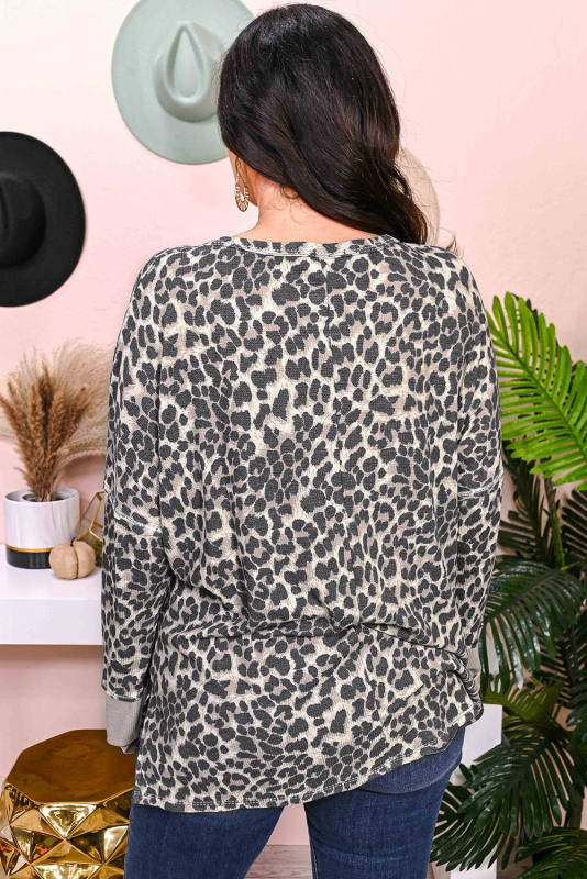 Leopard Plus Size Waffle Knit Patchwork Long Sleeve Henley Top PL2511133-20