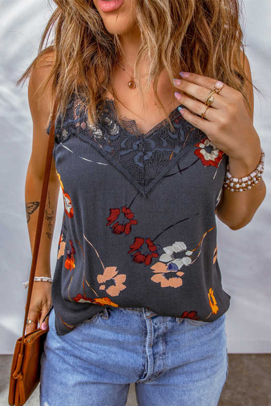 Blue Floral Print Lace Contrast Tank Top LC2567776-5