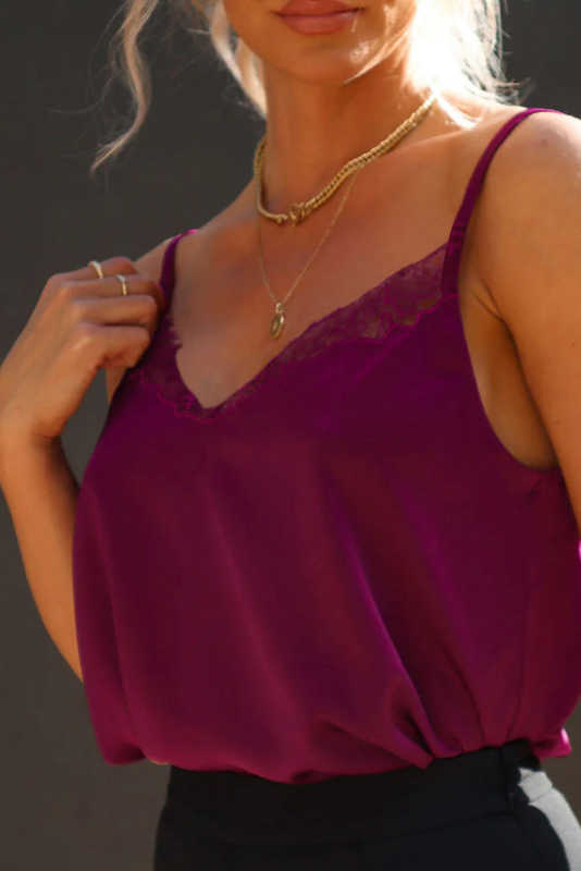 Red Lace Crochet V Neck Spaghetti Strap Satin Tank Top LC2567863-3