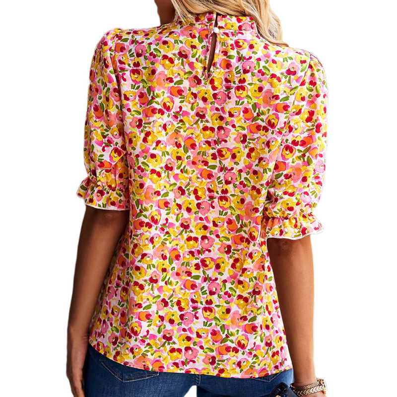 Orange Ruffle Detail Floral Print 1/2 Sleeve Tops TQX210187-70