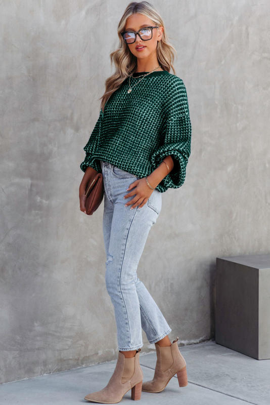 Green Heathered Knit Drop Shoulder Puff Sleeve Sweater