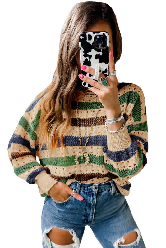 Shallow khaki Striped Hollowed Knitted Loose Sweater  LC2723293-P3016