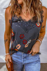 Blue Floral Print Lace Contrast Tank Top LC2567776-5