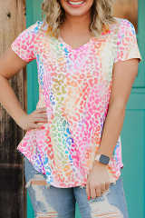 Colorful Leopard V Neck Short Sleeve Top LC25115040-20