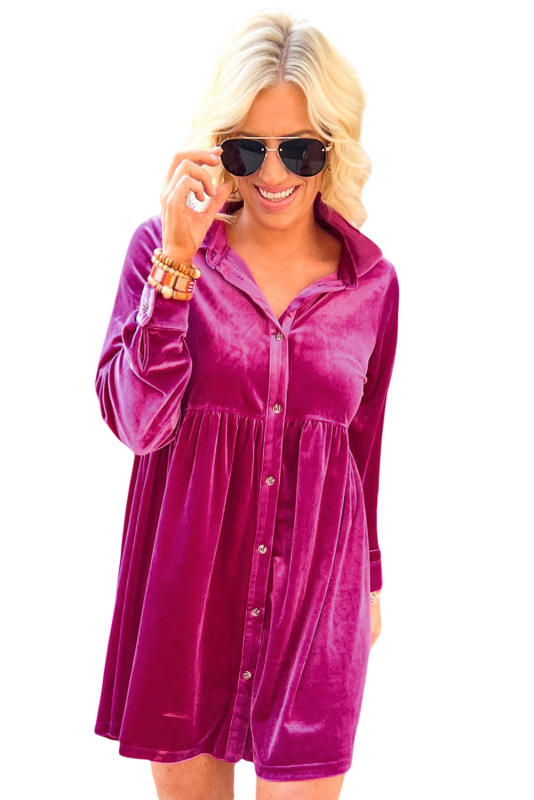 Rose Long Sleeve Ruffle Velvet Button Up Dress LC6117352-6