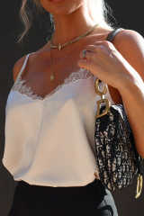 White Lace Crochet V Neck Spaghetti Strap Satin Tank Top LC2567863-1