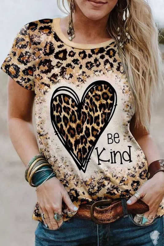 Leopard Be Kind Heart Graphic Print T Shirt LC25219229-20