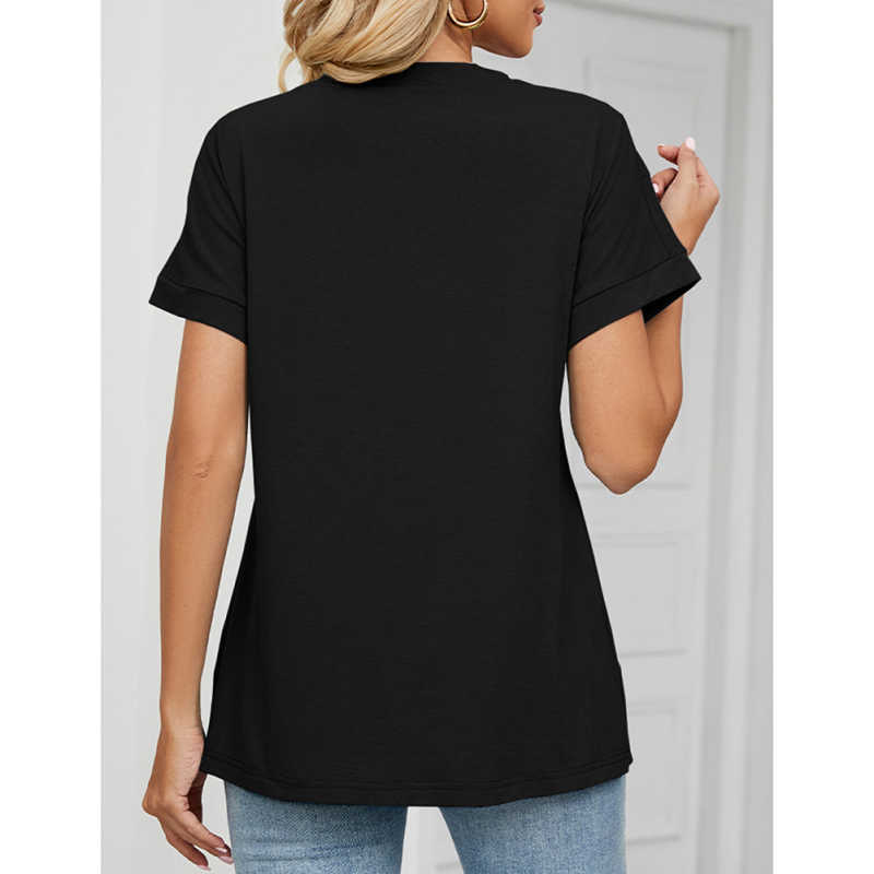Black Raglan Sleeve V Neck T-shirt with Slit TQX210217-2