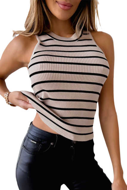 Apricot Striped Print Ribbed O-neck Sleeveless Top LC2567757-18