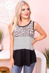 Black Leopard Striped Color Block Casual Tank Top LC2567891-2