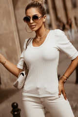 White Round Neck Half Sleeve Ribbed Knit Top LC25119692-1