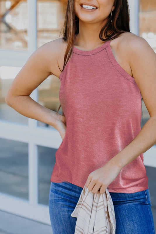 Pink Solid Color Crew Neck Tank Top LC2564998-10