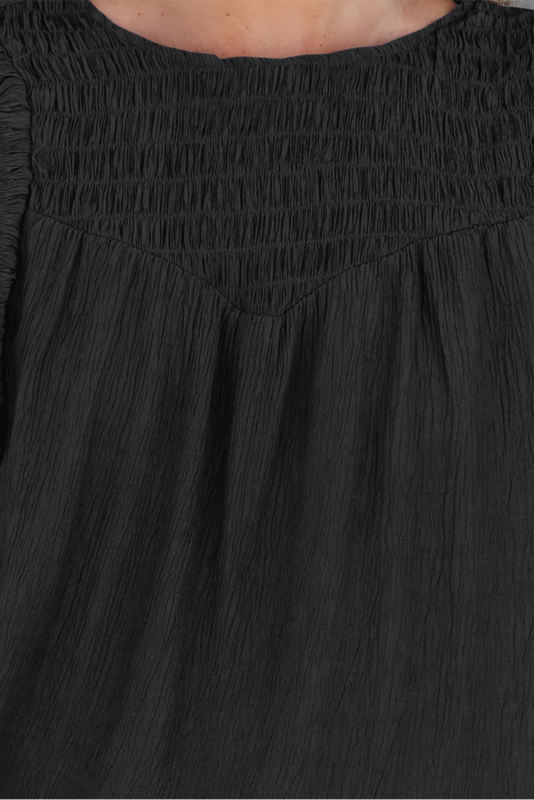 Black Crinkle Ruffle Trim Keyhole Puff Sleeve Blouse LC25121632-2