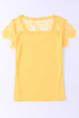 Yellow Lace Crochet Short Sleeve U Neck T Shirt LC25118561-7