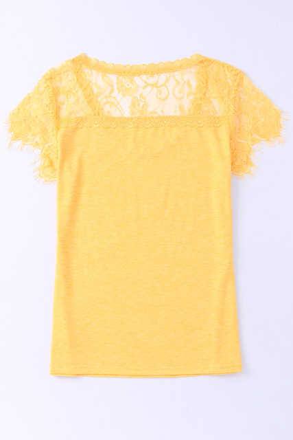 Yellow Lace Crochet Short Sleeve U Neck T Shirt LC25118561-7