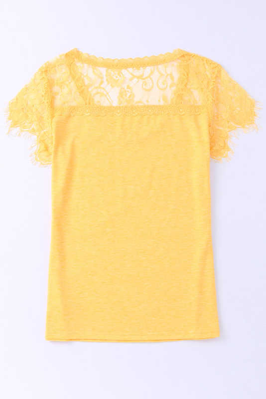 Yellow Lace Crochet Short Sleeve U Neck T Shirt LC25118561-7