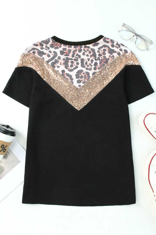 Black Leopard Sequin Waffle Knit Short Sleeve T-shirt LC25219190-2