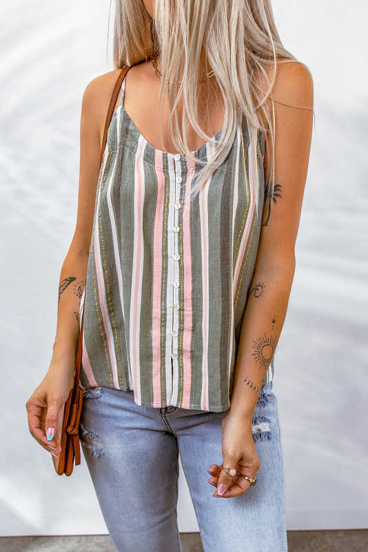 Color Block Striped Button Up Tank Top LC2567710-19